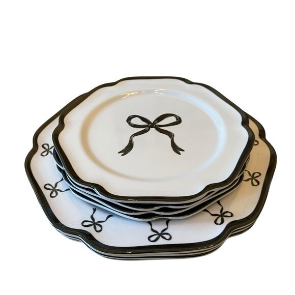 Shabby Chic Black Bow Melamine Salad Plates 8.5in Set of 4 White New - Picture 10 of 10